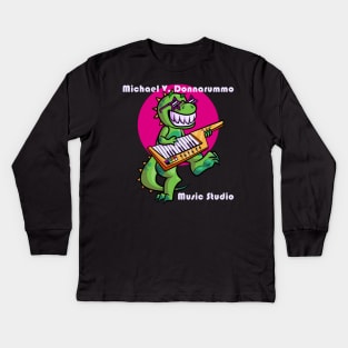 Keytar Dino with Studio Name Kids Long Sleeve T-Shirt